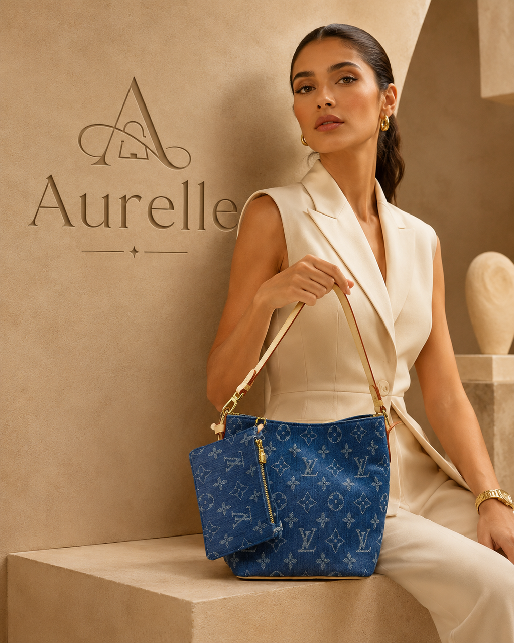 Blue Motif Mini Bucket Crossbody Bag