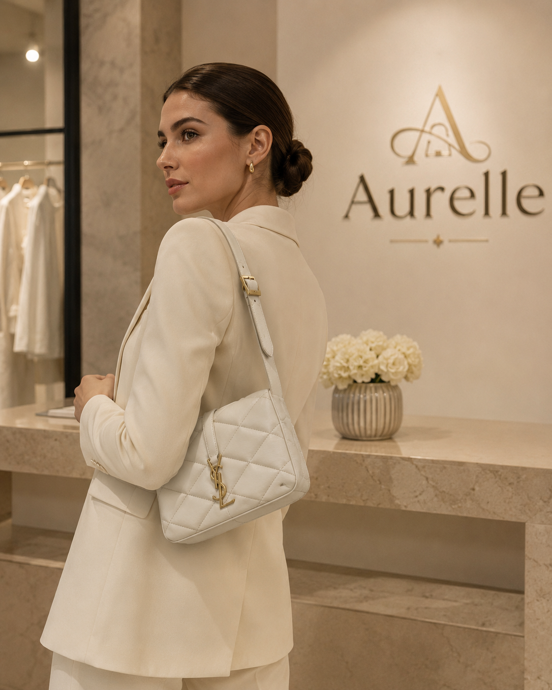 Aurelle Quilted Shoulder Bag — Ivory