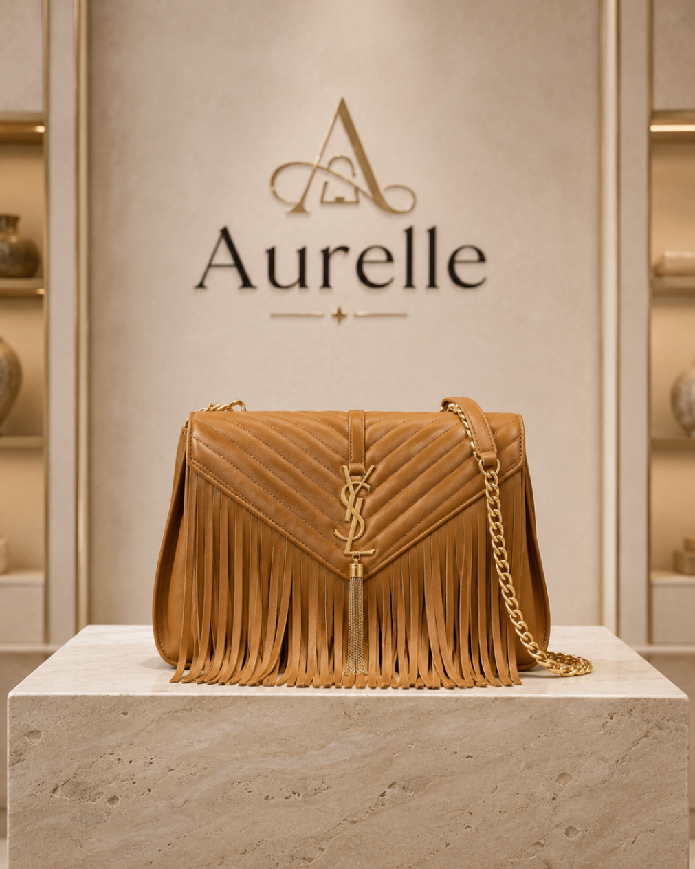Aurelle Fringe Quilted Flap in cognac on stone pedestal