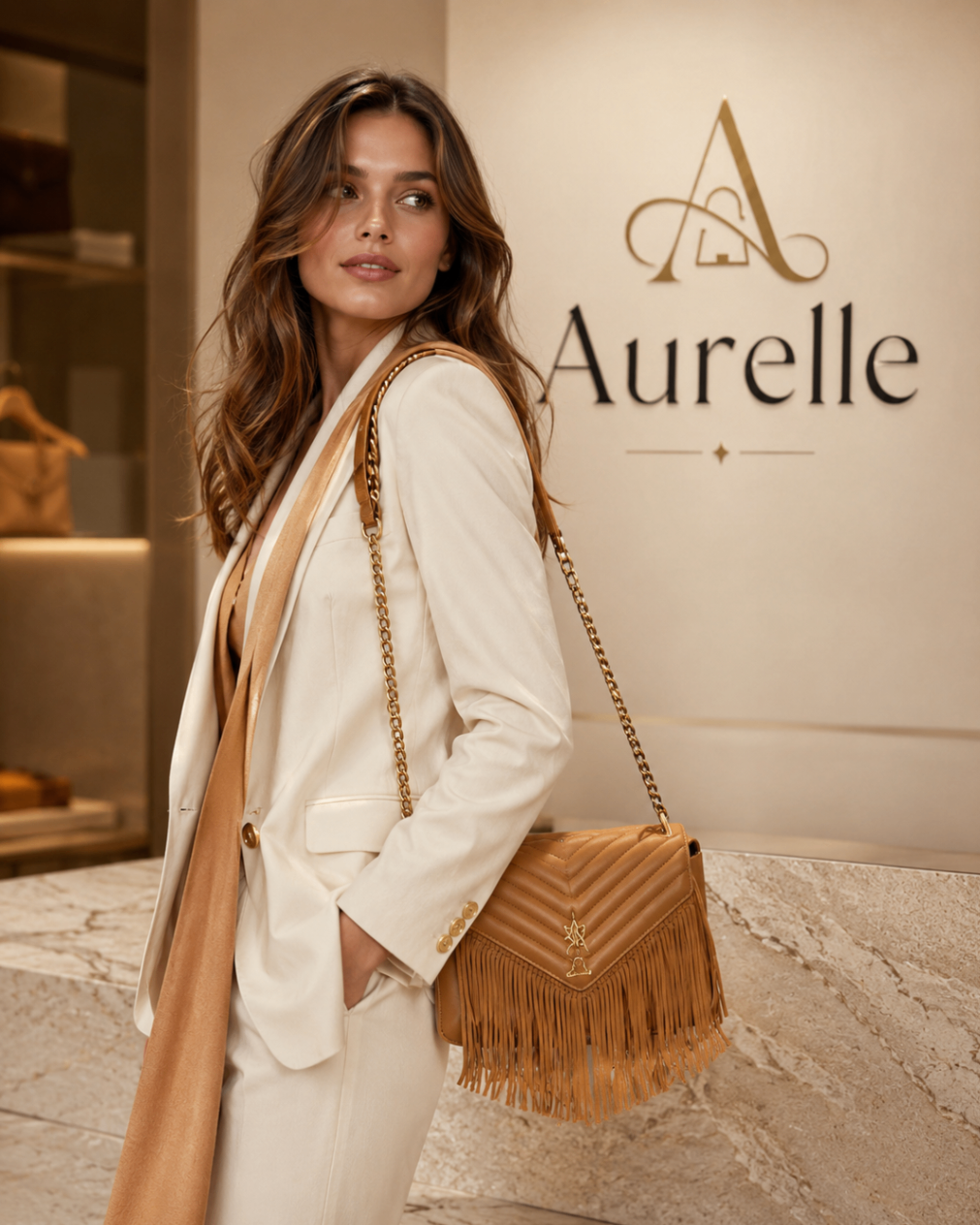 Model carrying the cognac Aurelle Fringe Quilted Flap