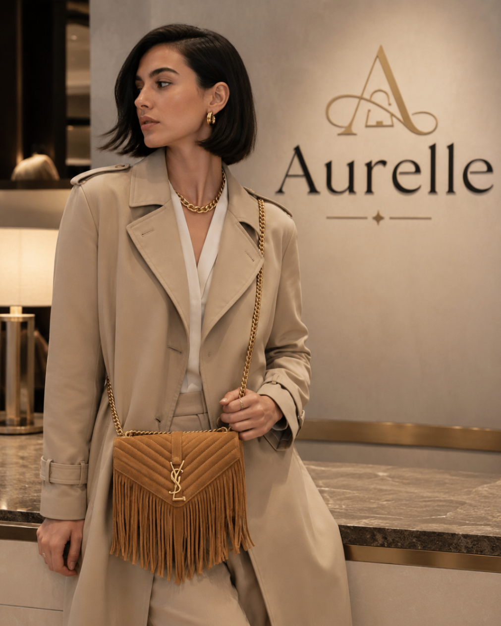 Close styling shot of the cognac Aurelle Fringe Quilted Flap