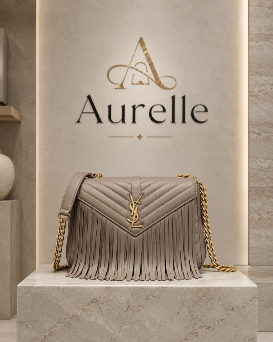 Front view of the taupe Aurelle Fringe Quilted Flap