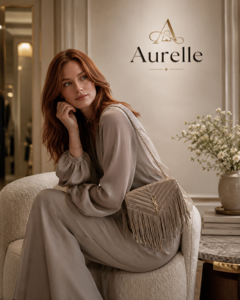 Lifestyle shot of the taupe Aurelle Fringe Quilted Flap