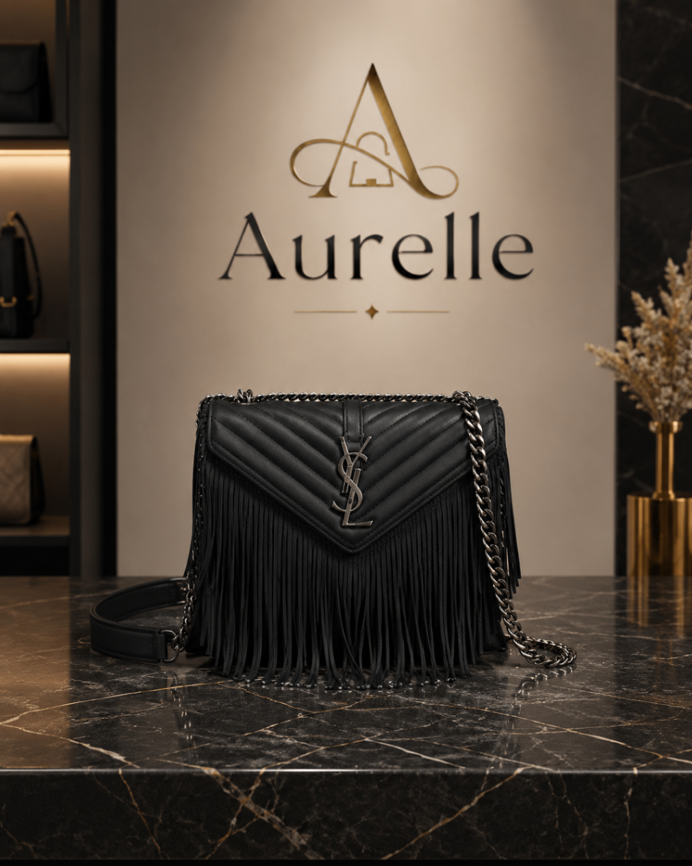 Aurelle Fringe Quilted Flap in black on black marble