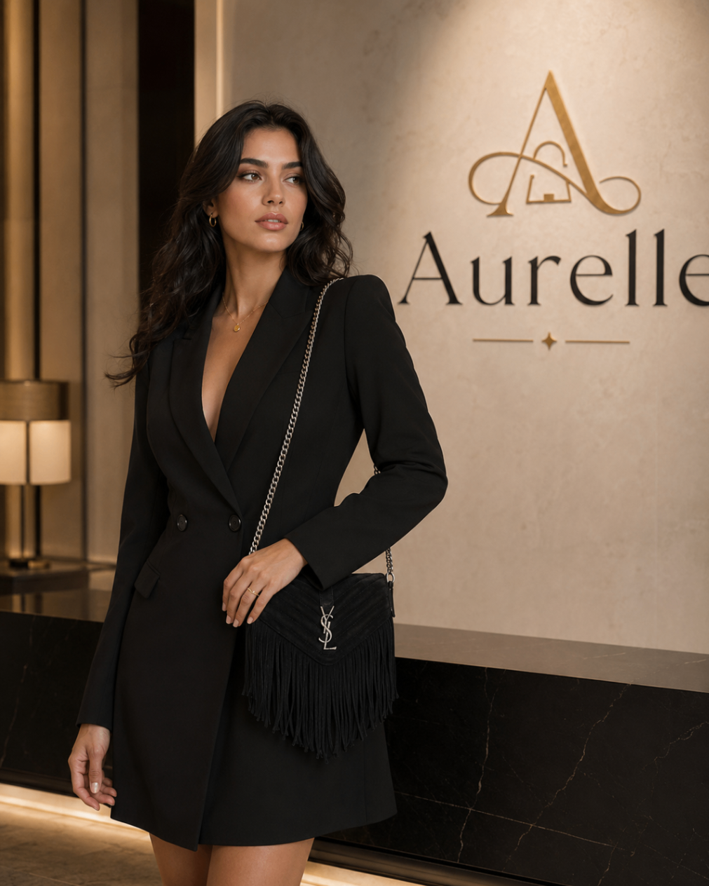 Model carrying the black Aurelle Fringe Quilted Flap