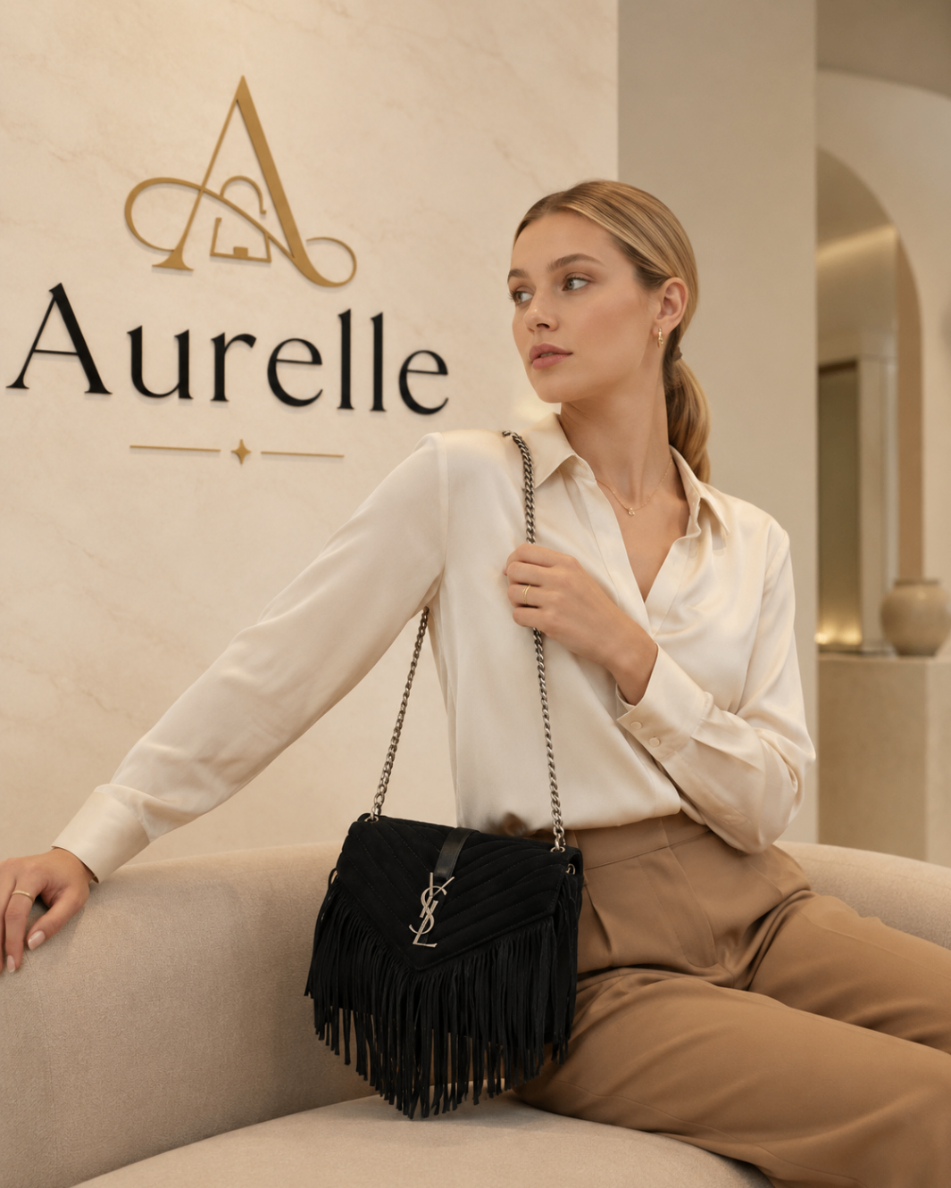 Lifestyle shot of the black Aurelle Fringe Quilted Flap