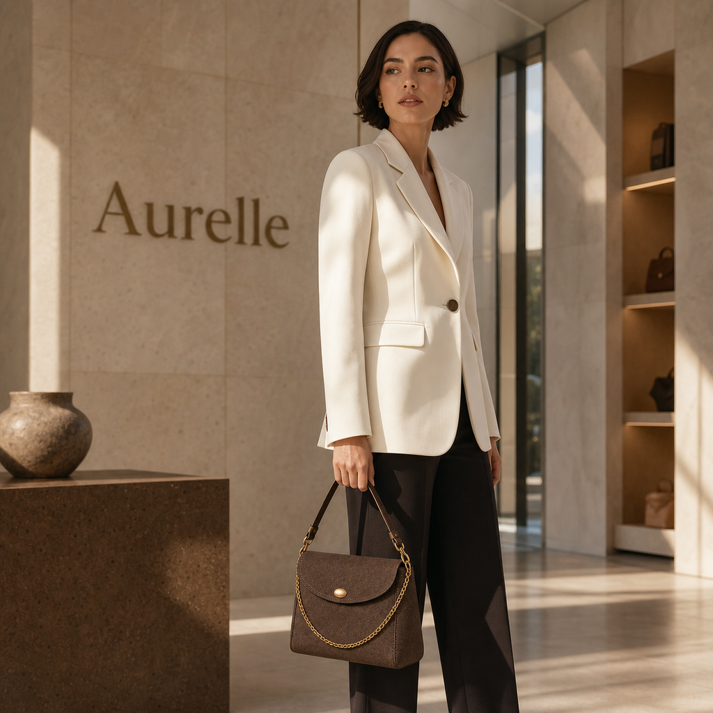 Model wearing Aurelle No. 5883 brown flap handbag in gallery