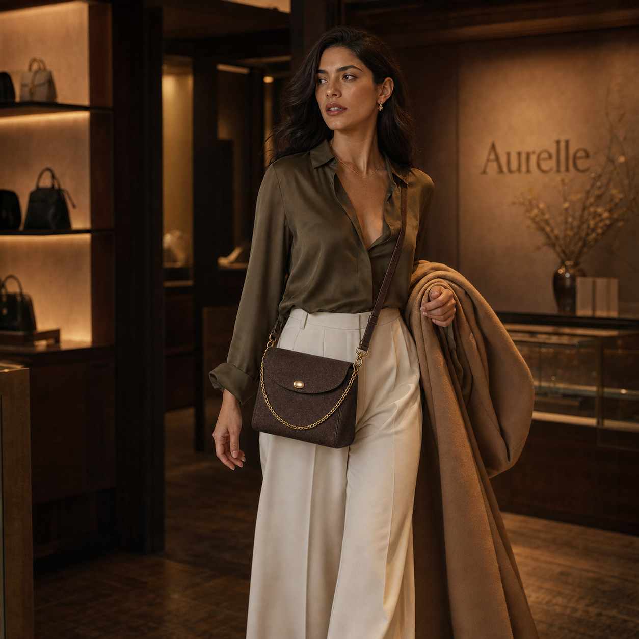 Model wearing Aurelle No. 5883 brown flap handbag in boutique