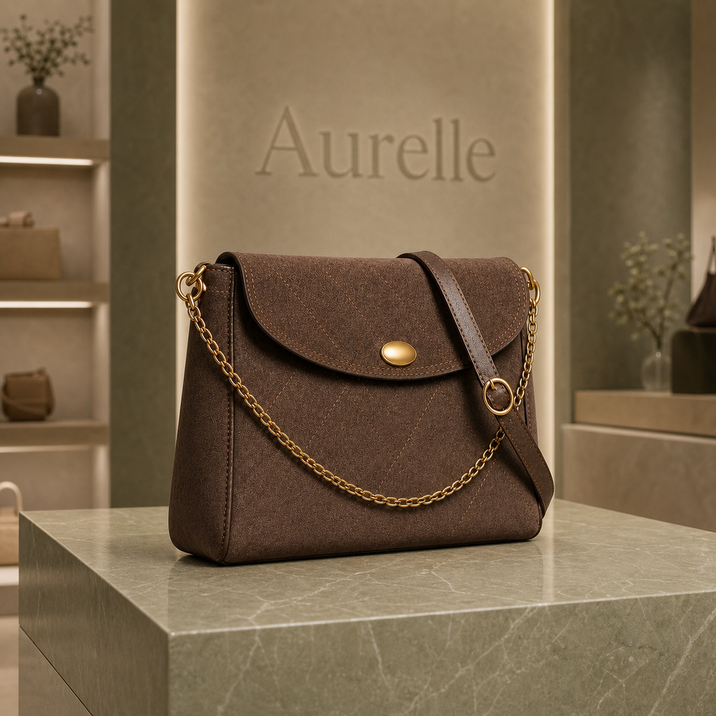 Aurelle No. 5883 brown flap handbag on sage marble pedestal