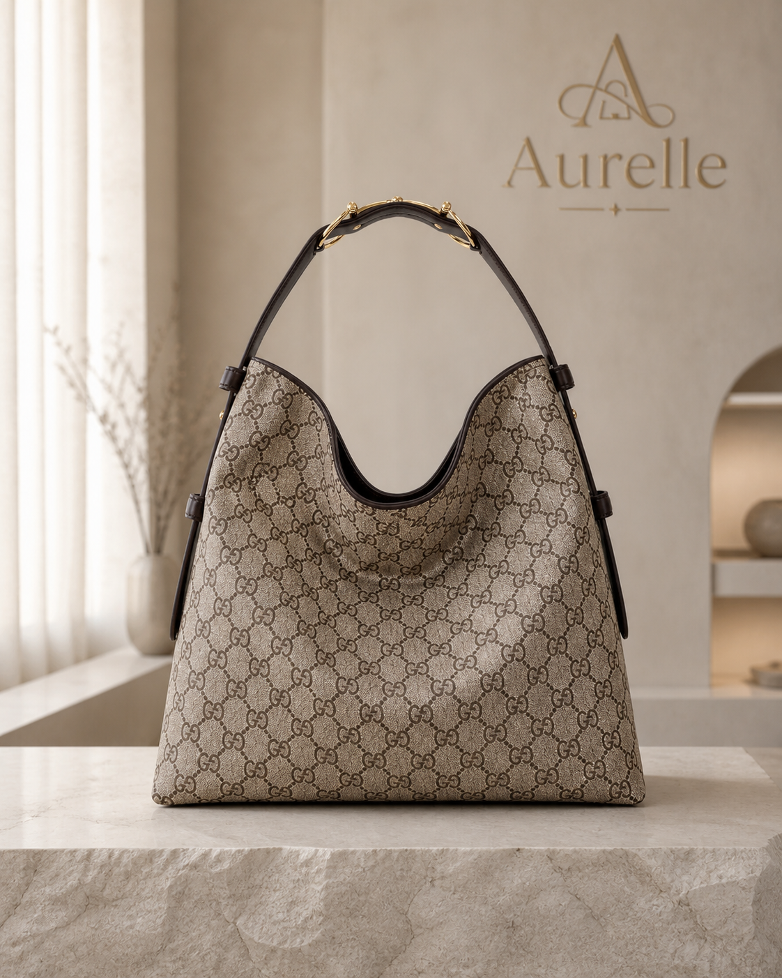 Aurelle Serene Hobo in Beige Monogram - front product view