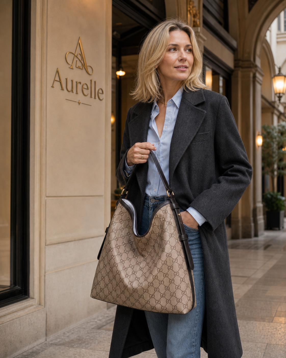 Aurelle Serene Hobo in Beige Monogram - lifestyle model