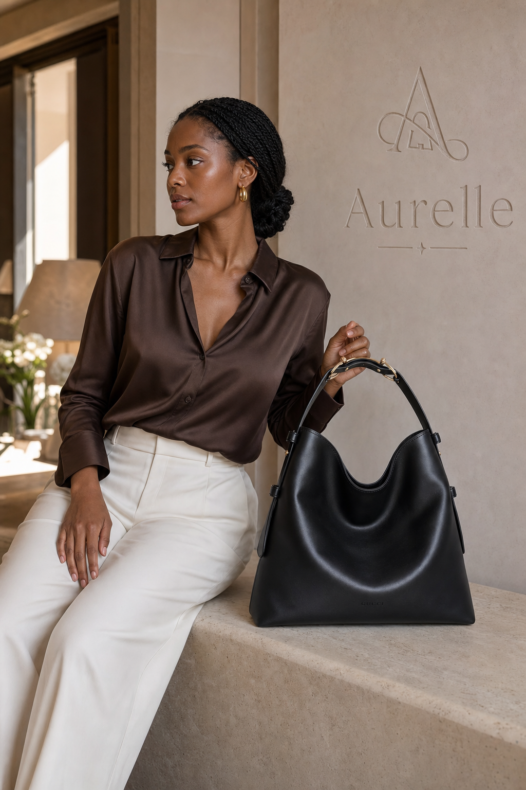 Model styling the Aurelle Serene Hobo in black