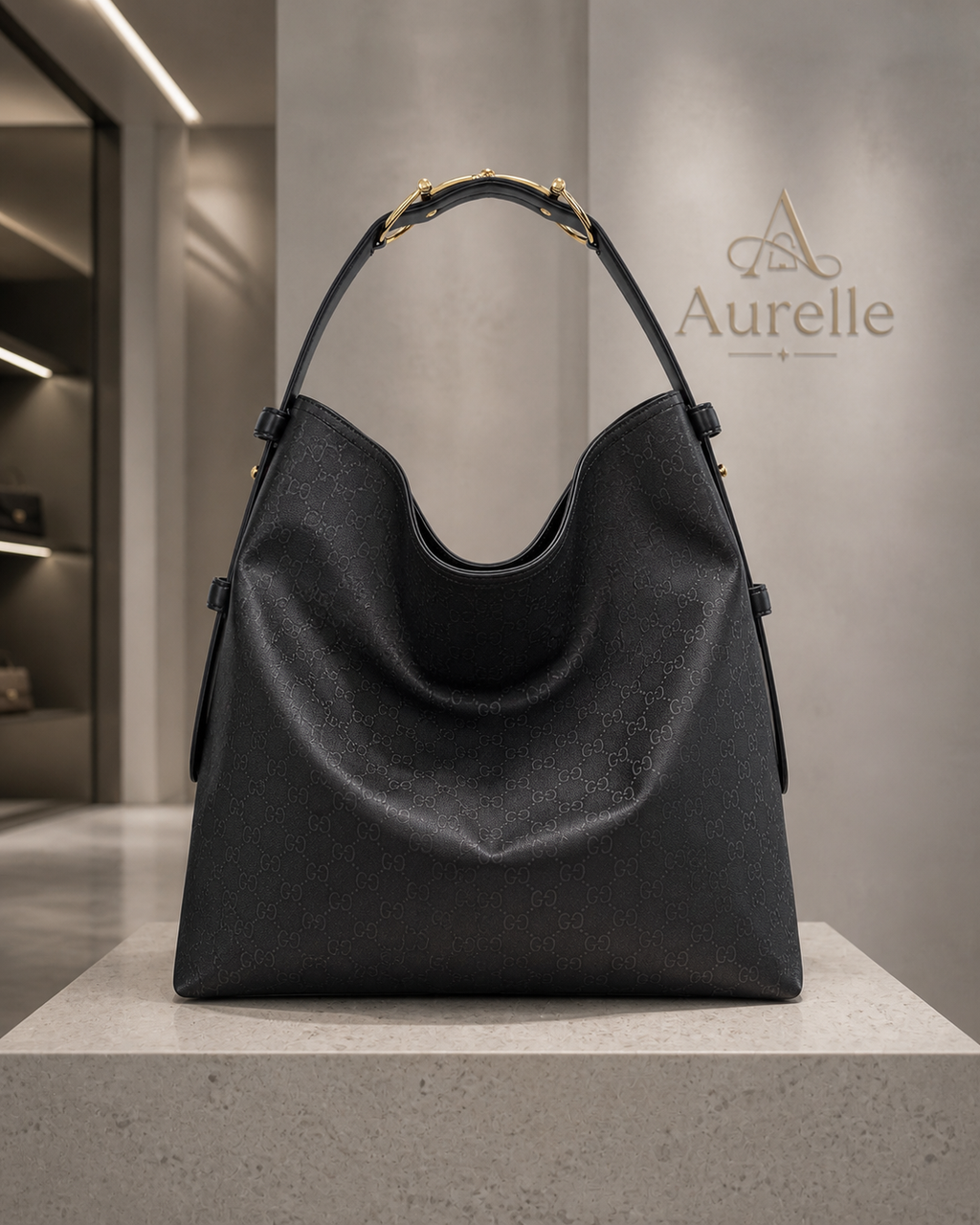 Aurelle Serene Hobo in Black Monogram - front product view