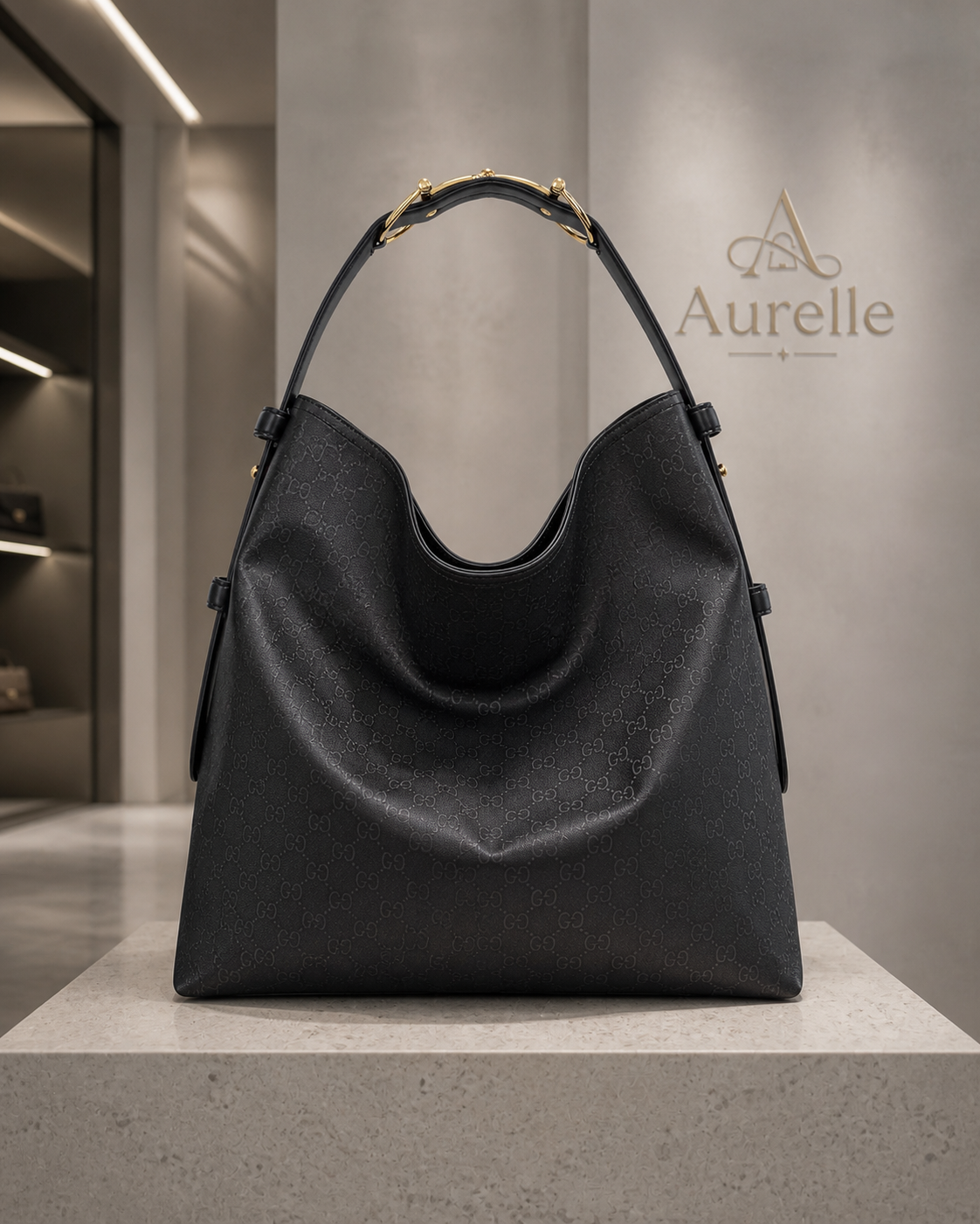 Aurelle Serene Hobo in Black Monogram - front product view