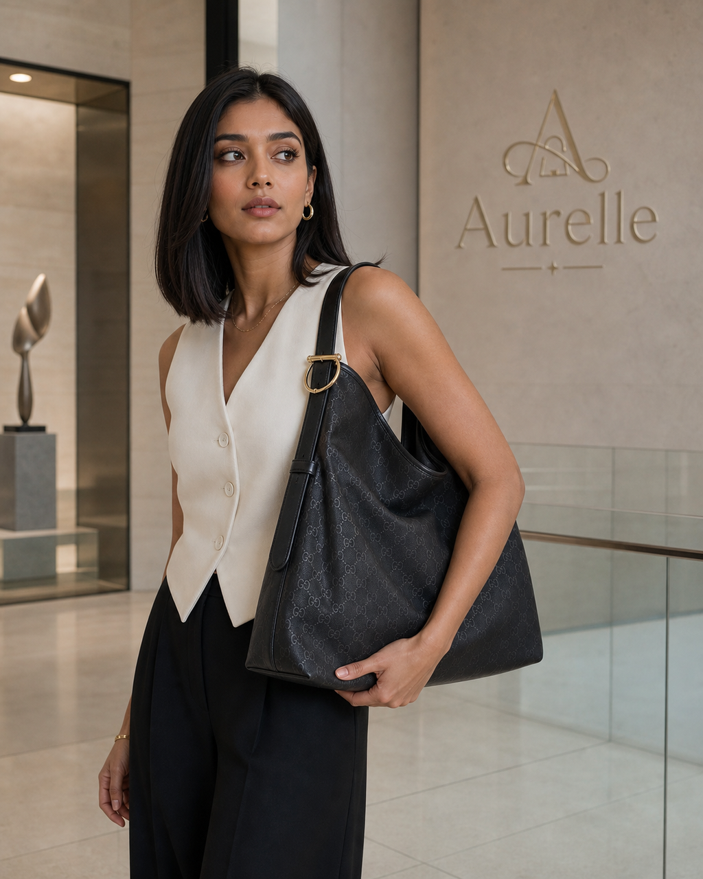 Aurelle Serene Hobo in Black Monogram - lifestyle model