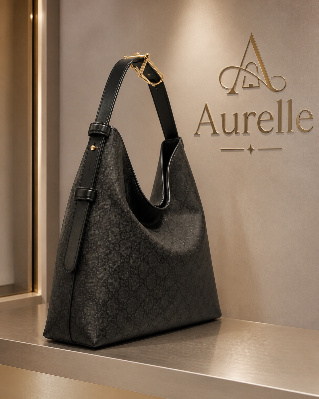 Aurelle Serene Hobo in Black Monogram - side product view