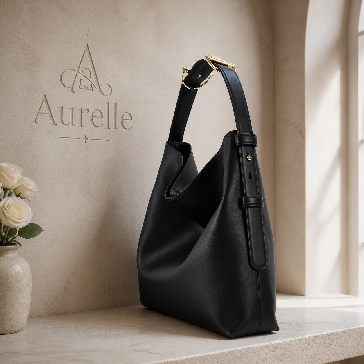 Aurelle Serene Hobo in black, side product view