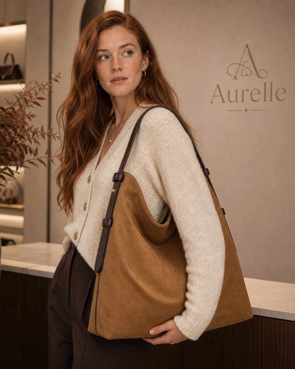 Aurelle Serene Hobo in Camel Suede - lifestyle model
