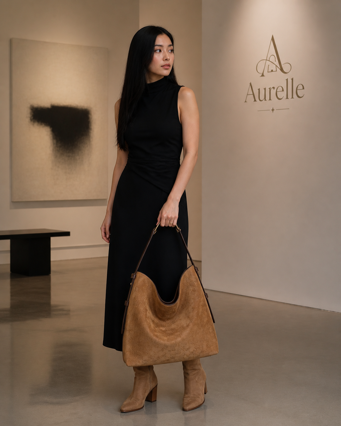 Aurelle Serene Hobo in Camel Suede - lifestyle model