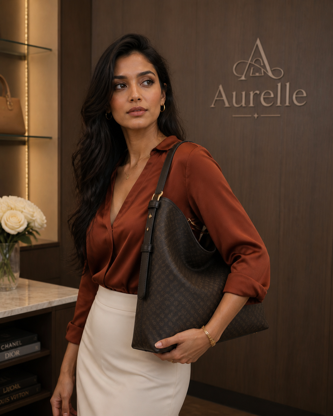 Aurelle Serene Hobo in Espresso Monogram - lifestyle model
