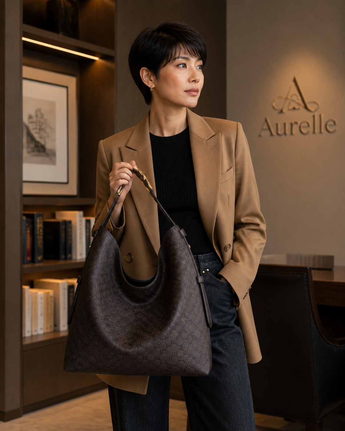 Aurelle Serene Hobo in Espresso Monogram - lifestyle model