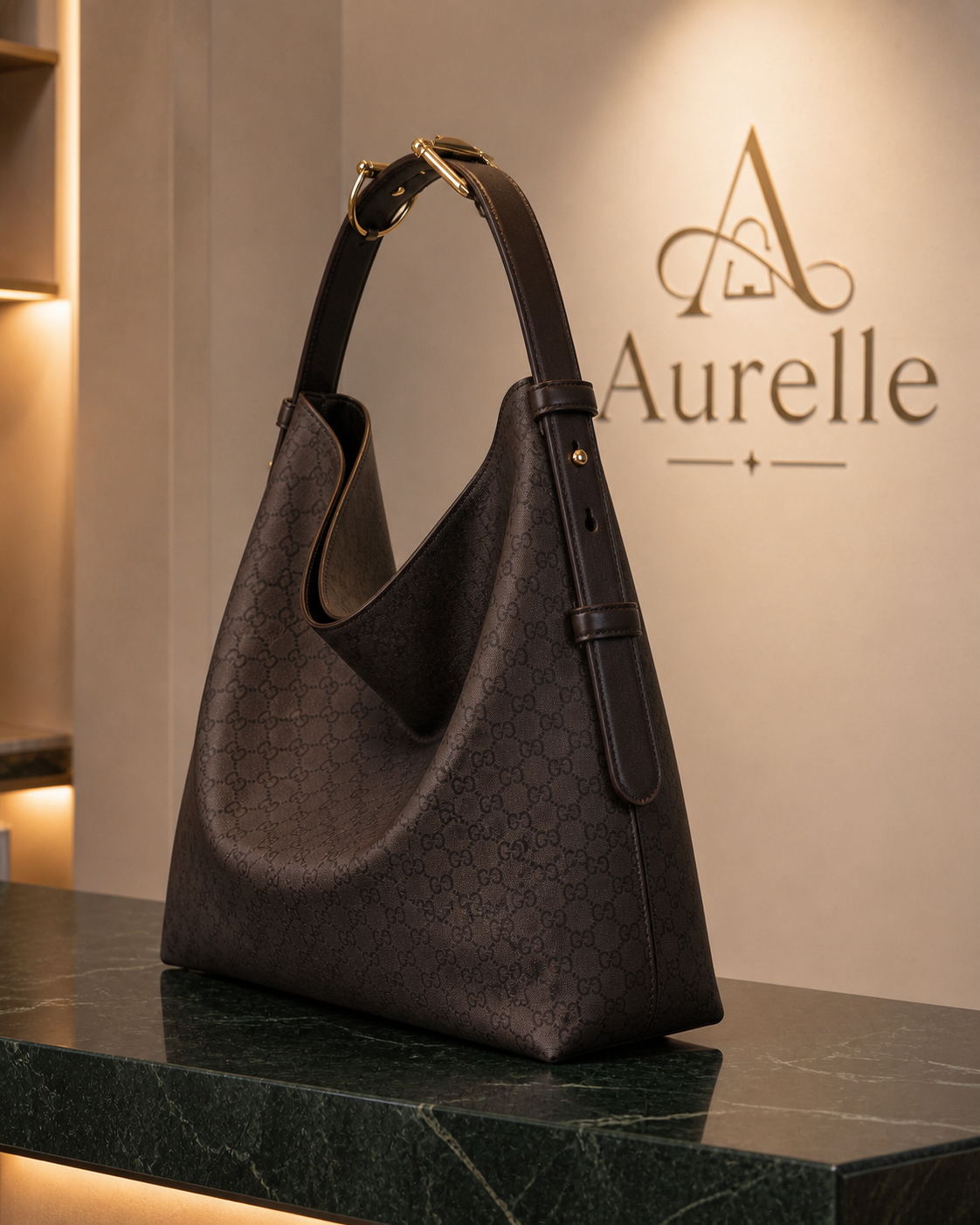 Aurelle Serene Hobo in Espresso Monogram - side product view
