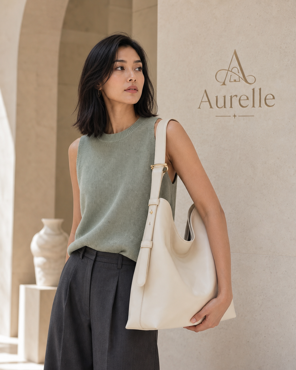 Aurelle Serene Hobo in Ivory - lifestyle model
