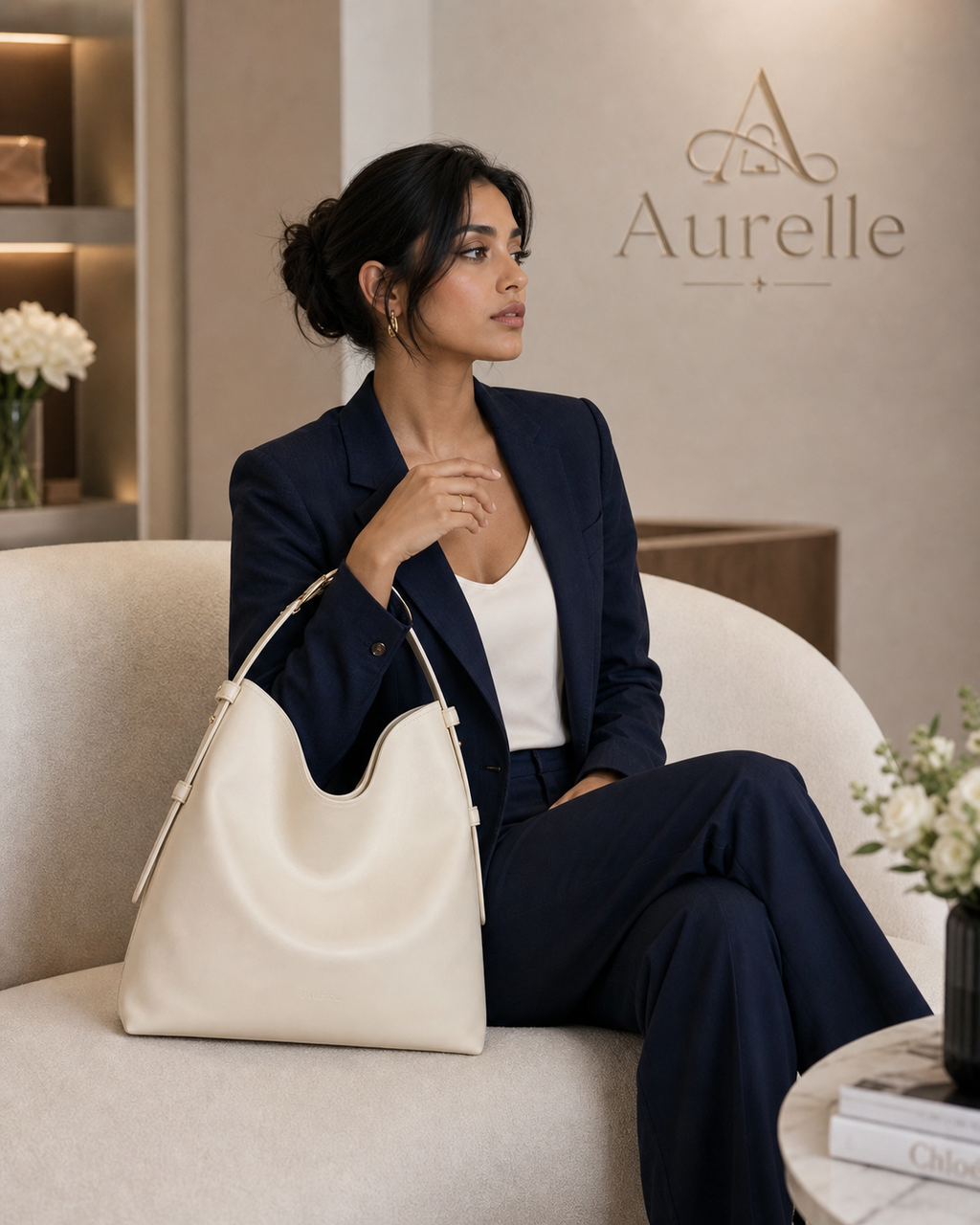 Aurelle Serene Hobo in Ivory - lifestyle model