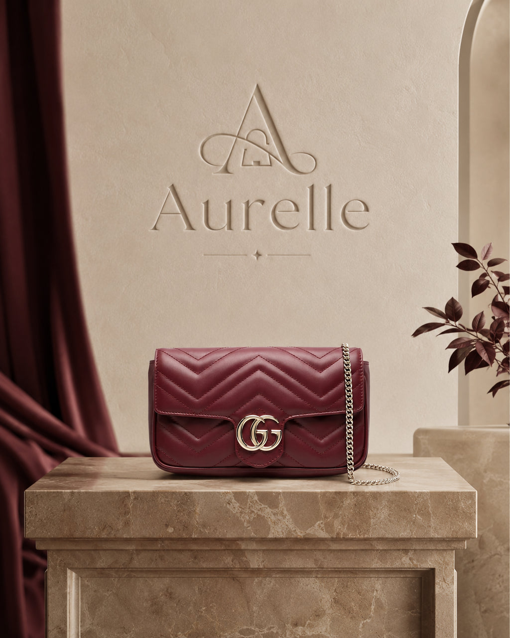 Mini Chiquito Burgundy on marble pedestal