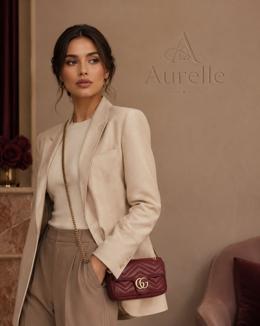 Model with Mini Chiquito Burgundy crossbody