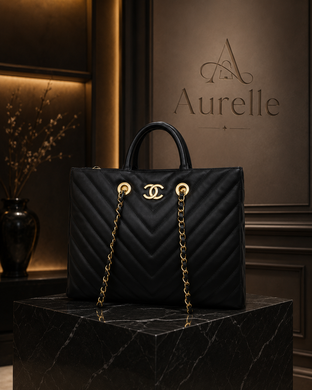 Chevron quilted tote on black marble plinth