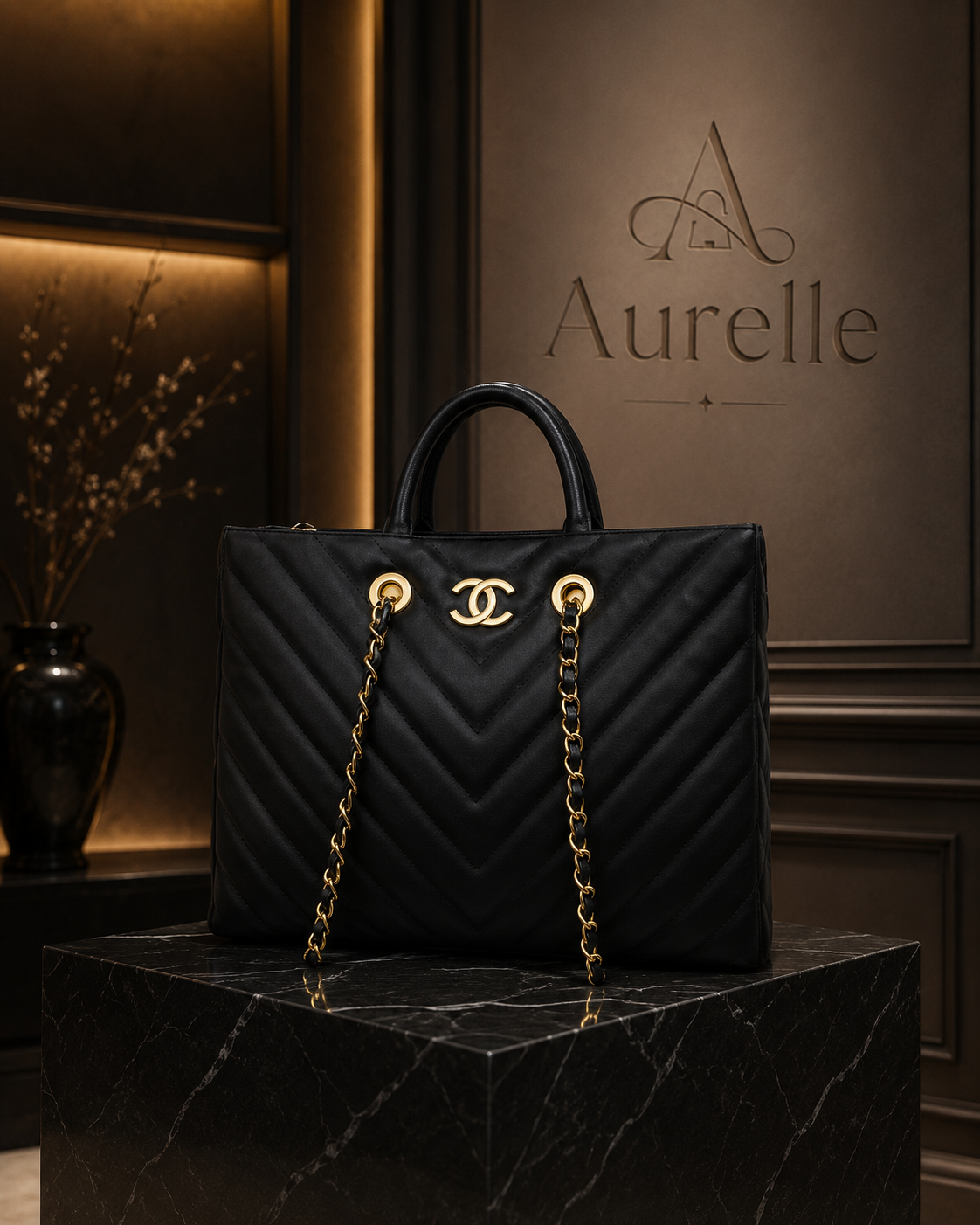 Chevron quilted tote on black marble plinth