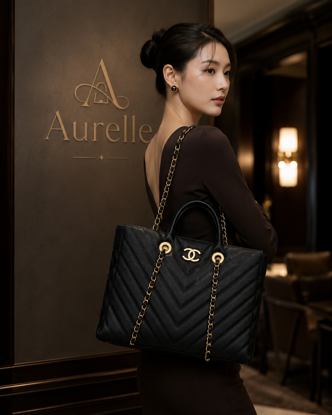 Model in chocolate dress with chevron quilted tote