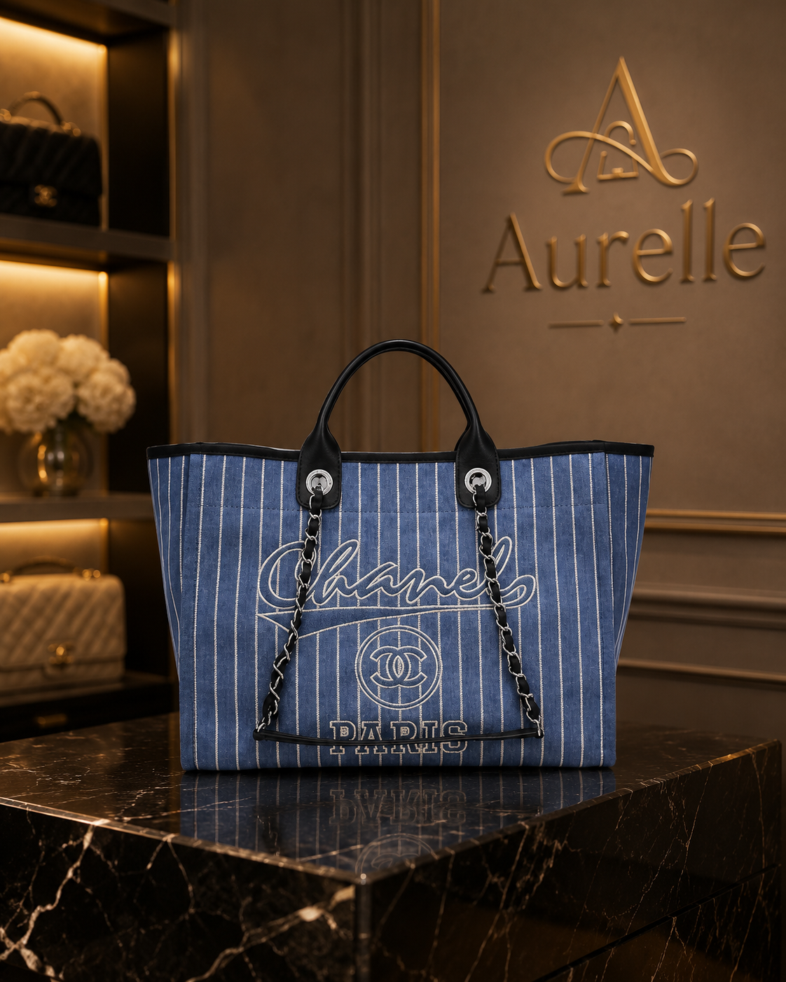 Riviera Striped Denim Tote on black marble