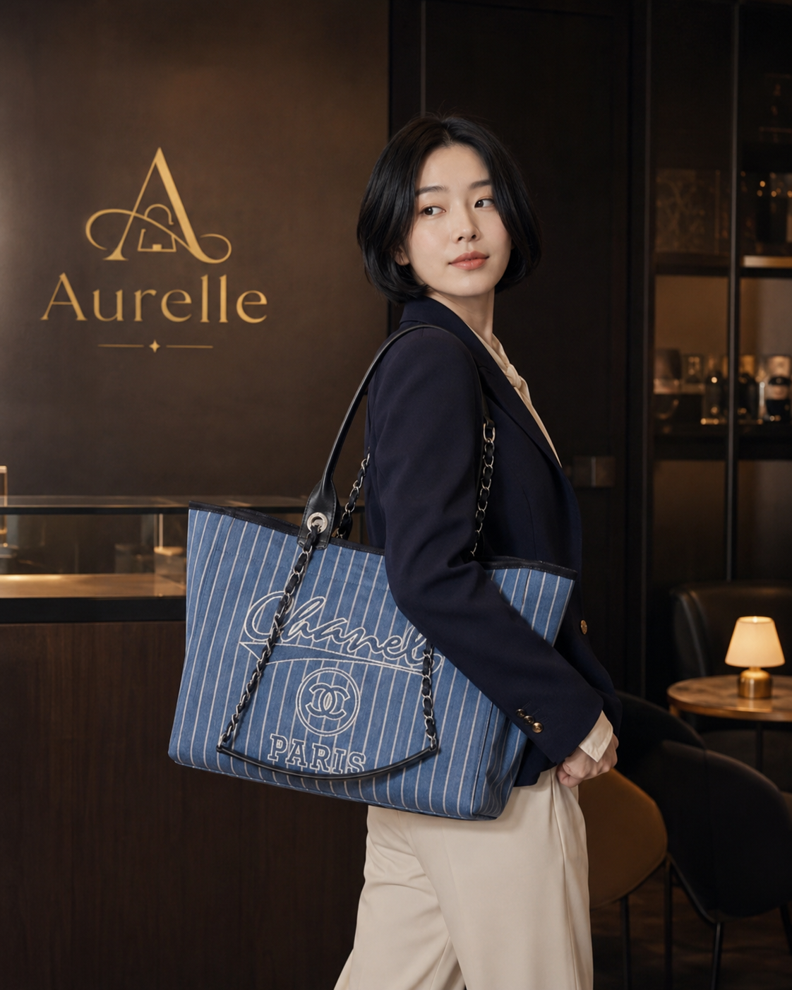 Model with Riviera Striped Denim Tote in navy blazer