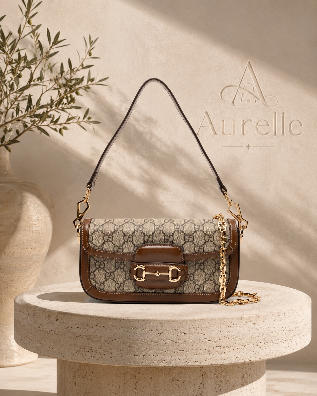 Equestre shoulder bag on travertine pedestal
