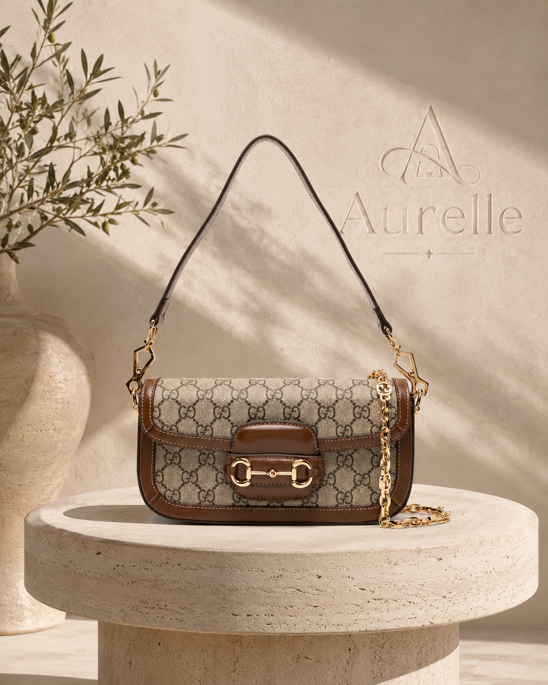 Equestre shoulder bag on travertine pedestal