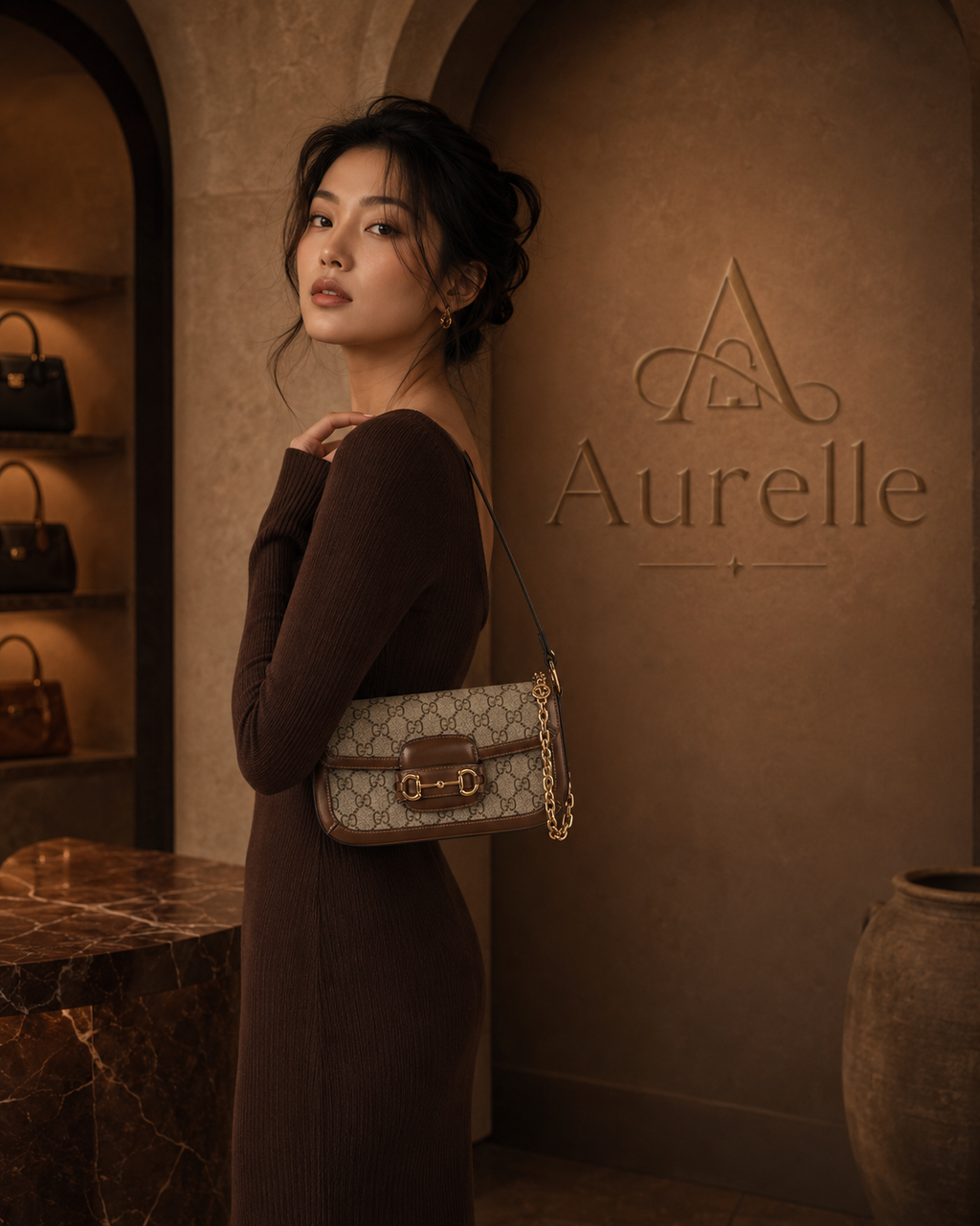 Model in chocolate knit dress with Equestre shoulder bag