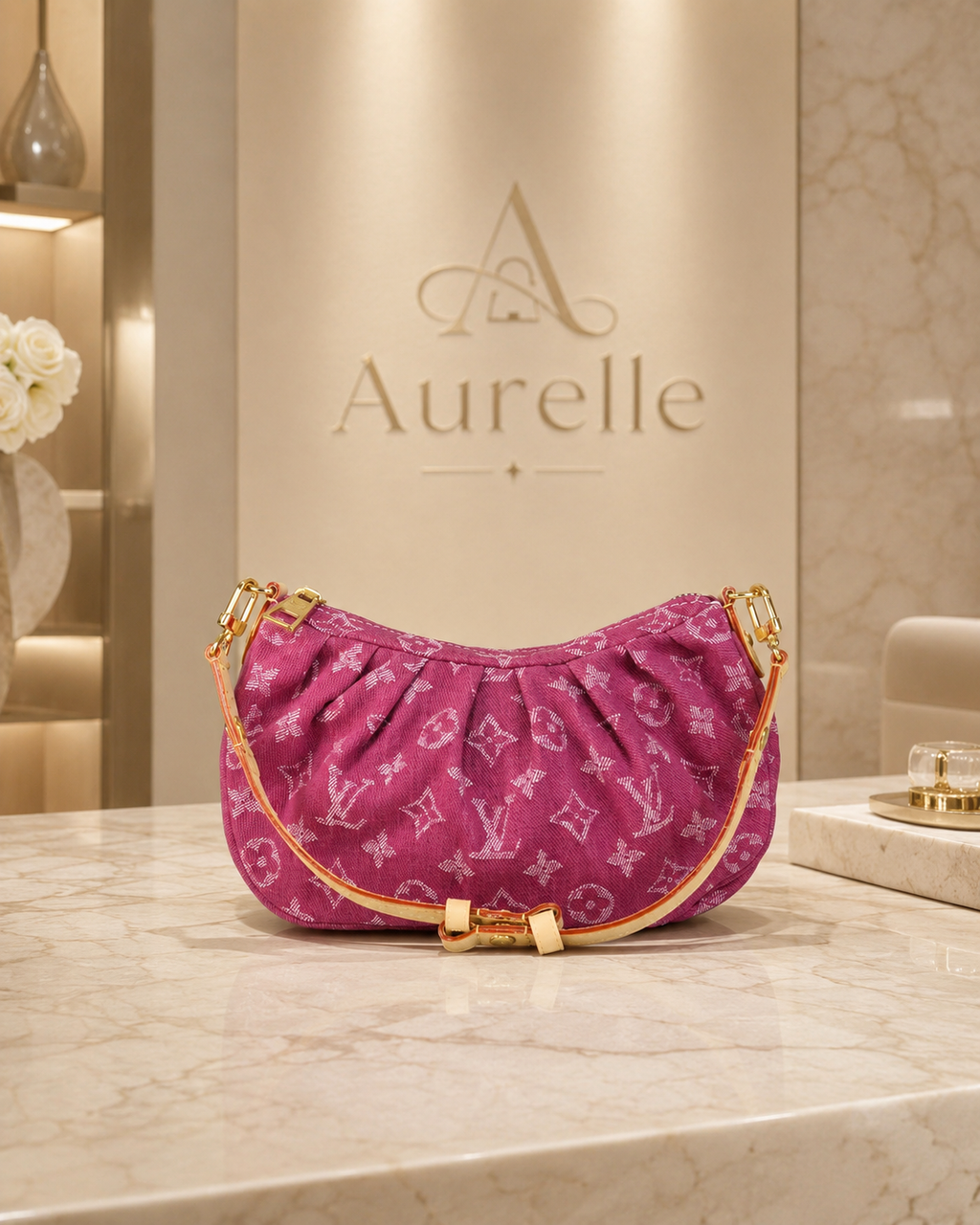 Lune Hobo on marble pedestal in Aurelle boutique