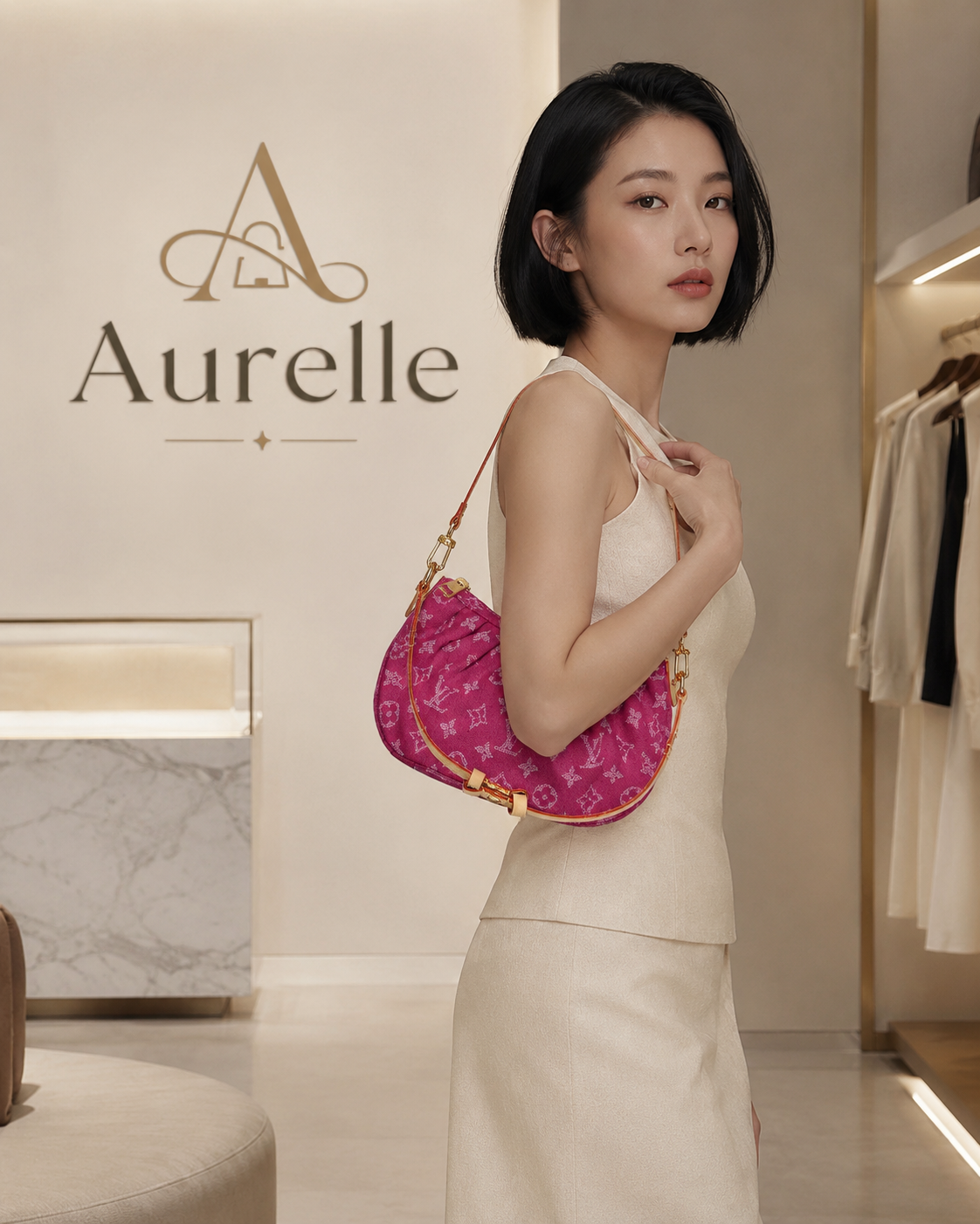 Model in ivory tailoring carrying the Lune Hobo