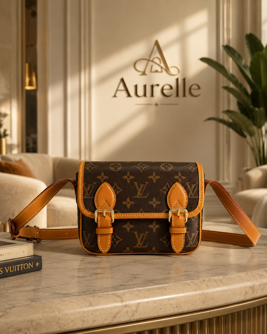 Monogram saddle crossbody on marble table in sunlit salon