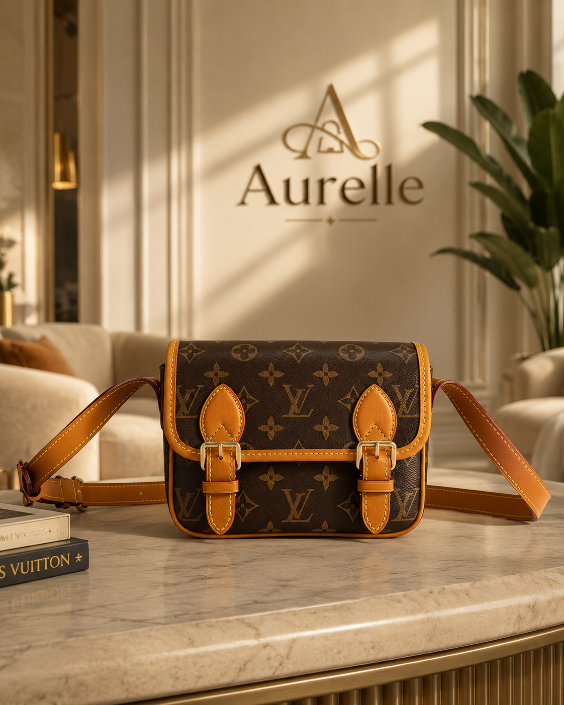 Monogram saddle crossbody on marble table in sunlit salon