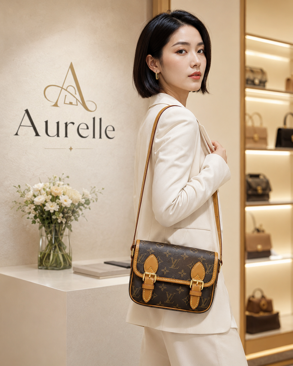 Model in ivory suit carrying monogram saddle crossbody