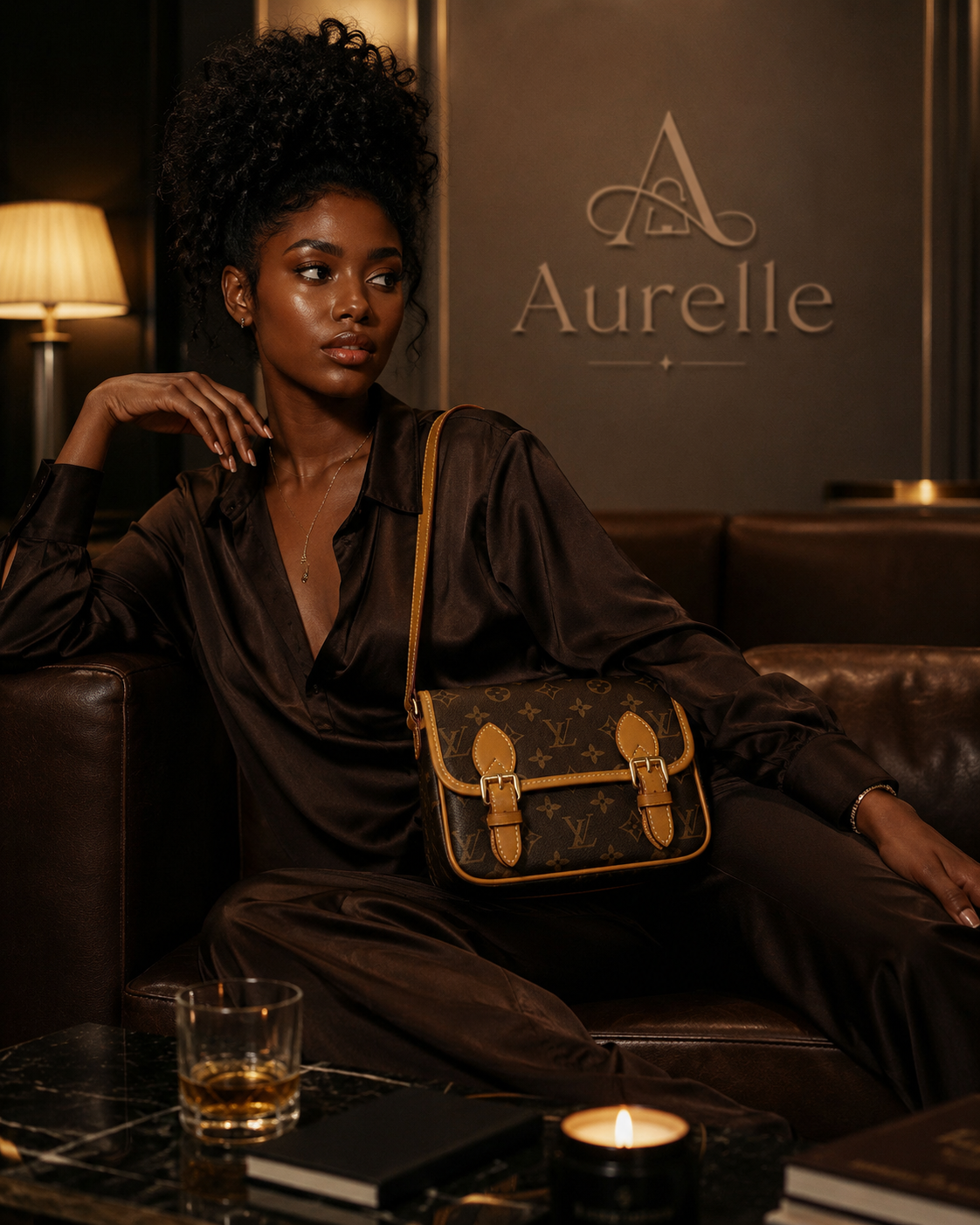 Model in brown silk on leather sofa with monogram crossbody
