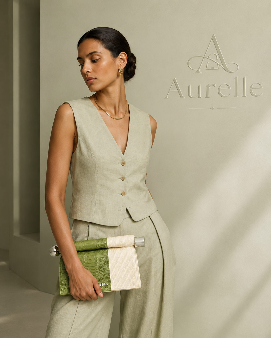 Model in linen suit with Olivia Croc Clutch