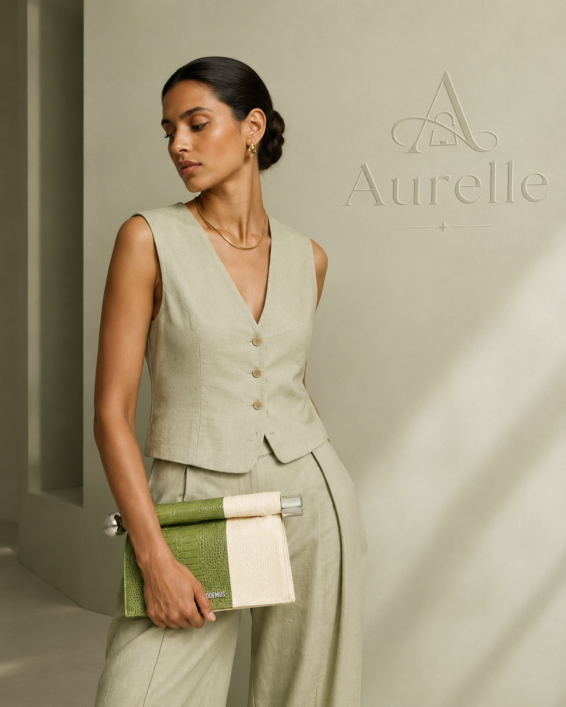 Model in linen suit with Olivia Croc Clutch