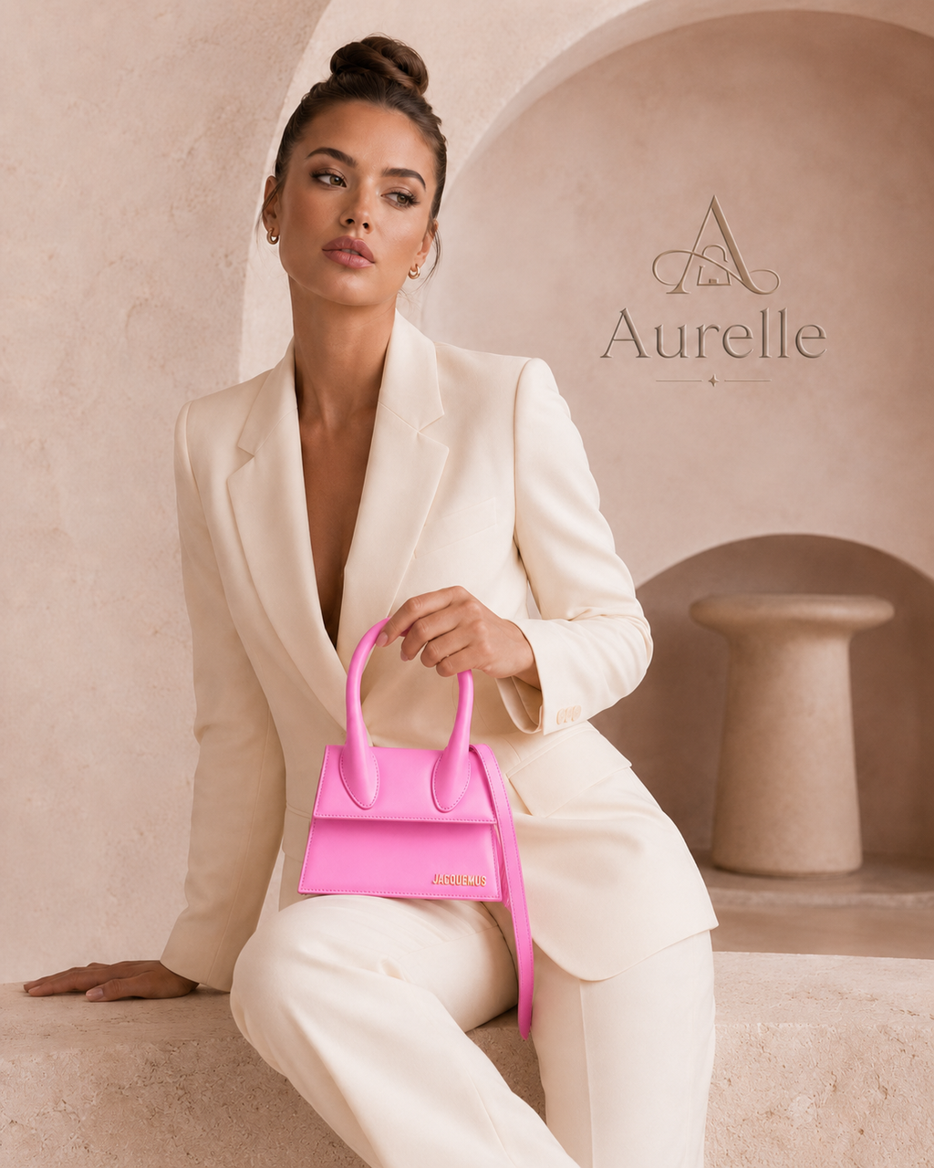 Model in cream suit holding Mini Chiquito Pink