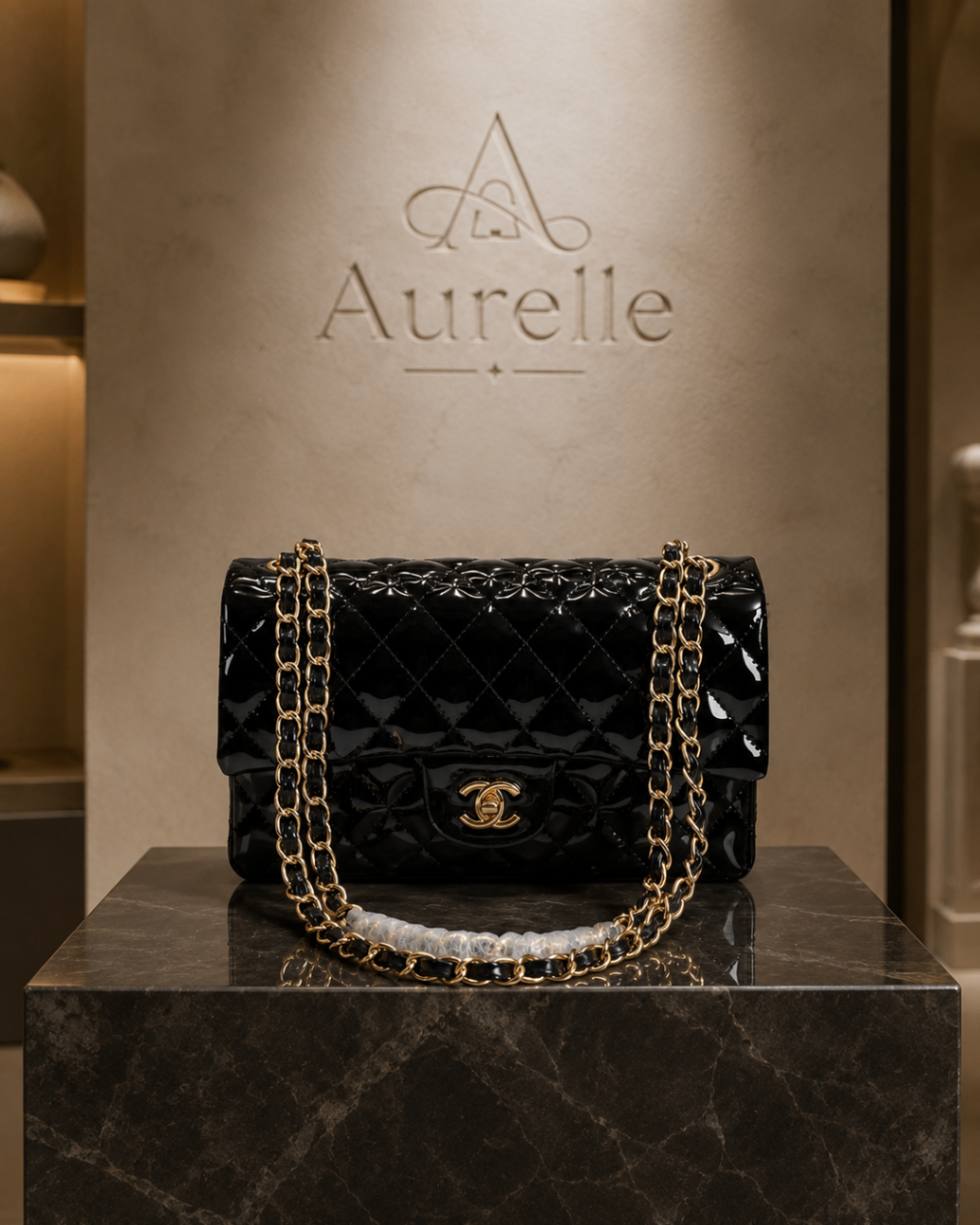 Aurelle Quilted Flap in Black Patent