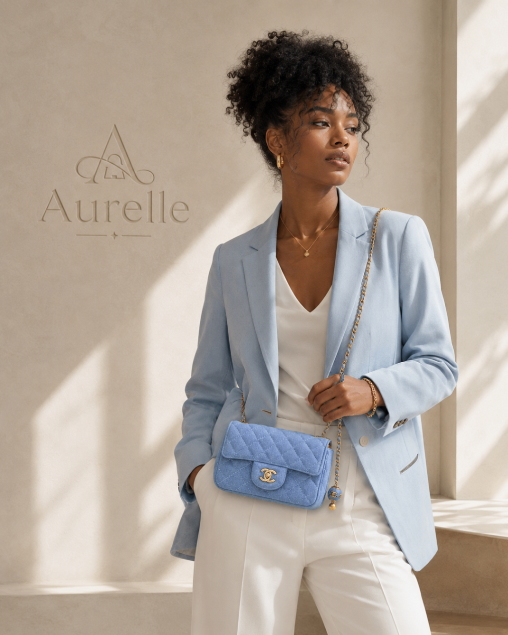 Model in powder blue blazer with Denim Blue flap