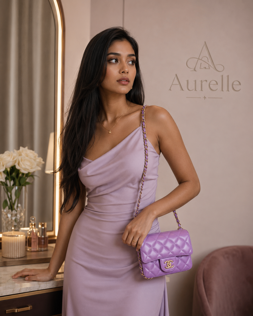 Model in lilac slip dress with Lilac flap